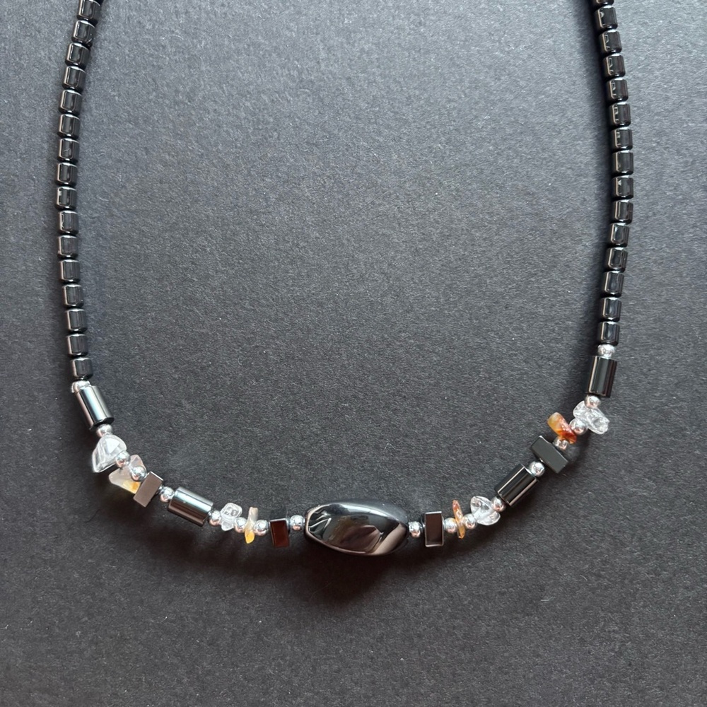 Hematite Quartz Bead Block Chain Necklace | Length 16.5 IN - Picture 3 of 6